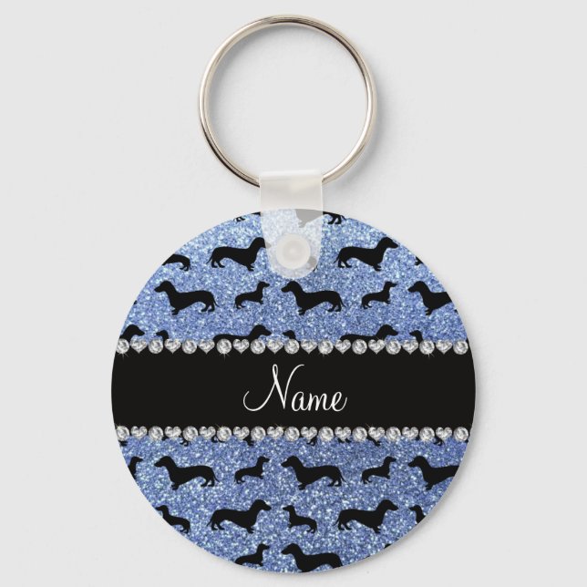 Chaveiro Nome personalizado dachshances de brilho azul clar (Frente)