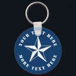 Chaveiro Nome personalizado de navegação por barco de estre<br><div class="desc">Barco de navegação de chaveiro de estrela náutica com iate de nome personalizado. Faça sua própria cadeia de chave para marinheiro, capitão de barco, pai, amigo, capitão, treinador, mãe, chefe, colega de trabalho etc. Ícone marítimo azul e branco do marinho com texto em negrito. Também bom como um favor partidário...</div>