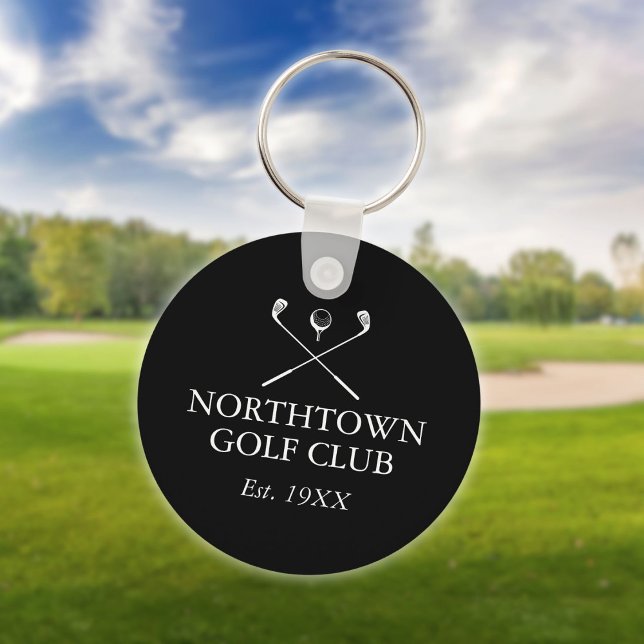 Chaveiro Nome Personalizado do Clube de Golfe Preto e Branc (Personalized Golf Club Name Black And White Keychain)