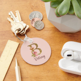 Chaveiro Nome Personalizado Folha de Ouro Blush Rosas Cor-d