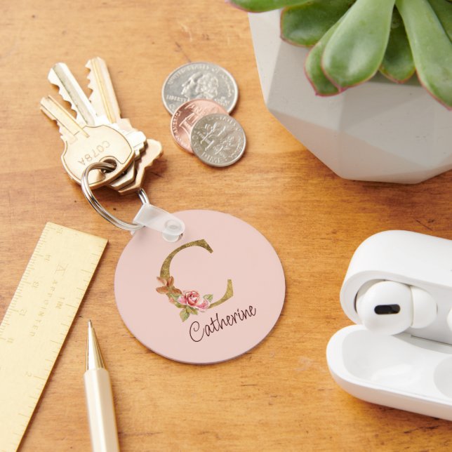 Chaveiro Nome Personalizado Folha de Ouro Blush Rosas Cor-d (Mesa)