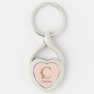 Chaveiro Nome Personalizado Folha de Ouro Blush Rosas Rosa