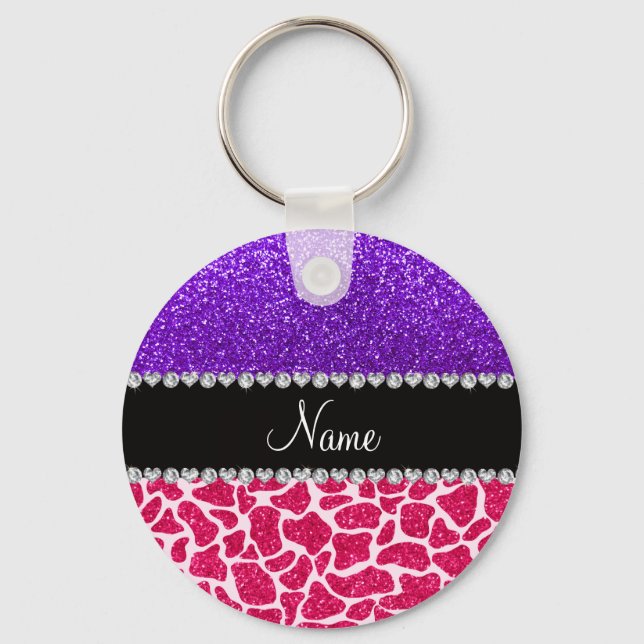 Chaveiro Nome personalizado girafa rosa brilho roxo (Frente)
