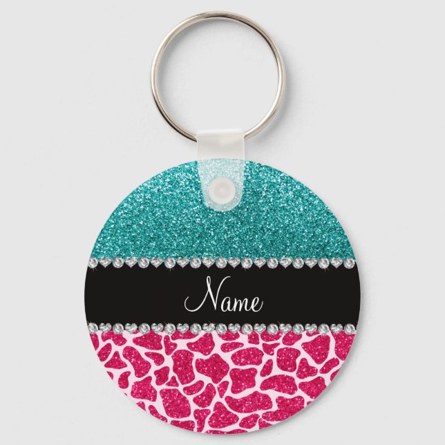 Chaveiro Nome personalizado girafa rosa turquesa brilho (Frente)
