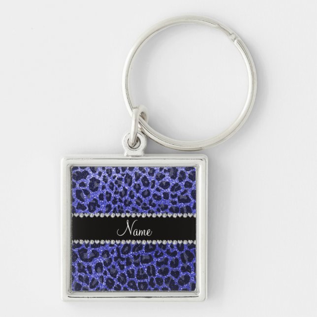 Chaveiro Nome personalizado impressão leopardo azul neon (Frente)