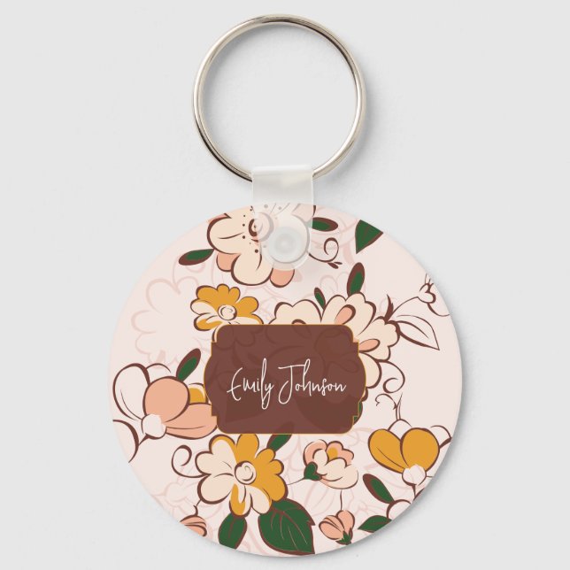 Chaveiro Nome Personalizado Jardim de Flores Nostálgico Beg (Frente)
