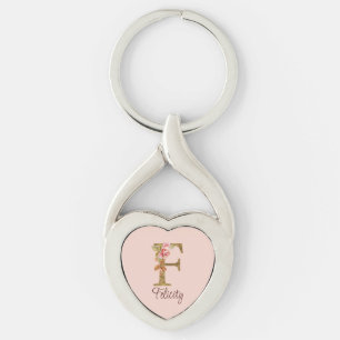 Chaveiro Nome Personalizado Letra F Dourado Folha Rosa Cor-