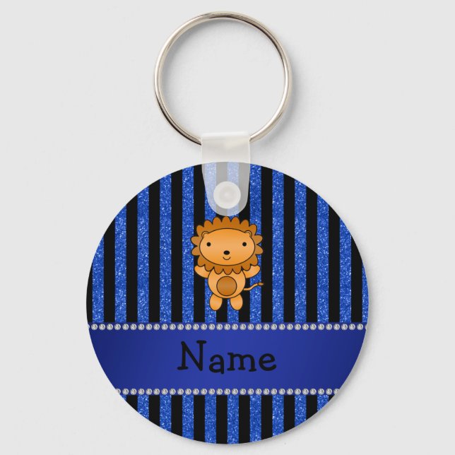 Chaveiro Nome personalizado listras de brilho azul de leão (Frente)
