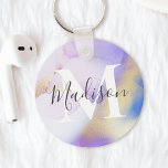 Chaveiro Nome Personalizado Monograma Cor de Água Púrpura<br><div class="desc">Personalize facilmente este estilo glamouroso,  abstrato lilac,  tinta aquática e fundo de pulverização em ouro falso,  com os seus detalhes personalizados.</div>