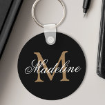 Chaveiro Nome Personalizado Monograma Preto Elegante Dourad<br><div class="desc">Crie seu próprio chaveiro preto redondo personalizado com seu nome de script de caligrafia personalizado e seu monograma.</div>