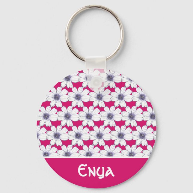 Chaveiro Nome Personalizado Padrão de flor rosa Toque de te (Frente)
