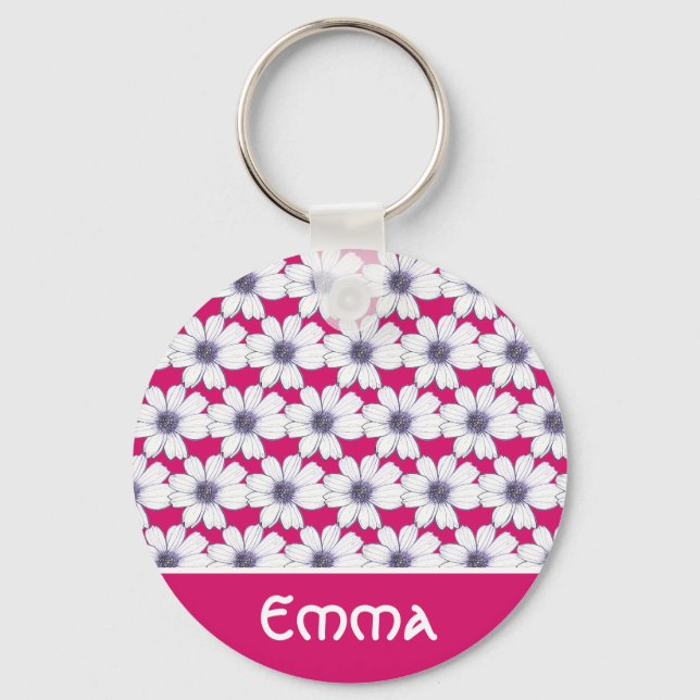 Chaveiro Nome Personalizado Padrão de flor rosa Toque de te (Frente)