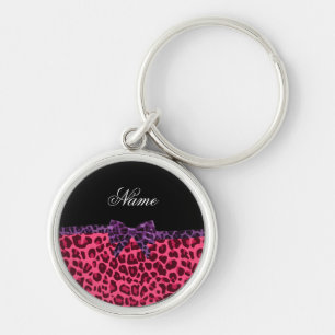 Chaveiro Nome personalizado padrão rosa-leopardo arco roxo