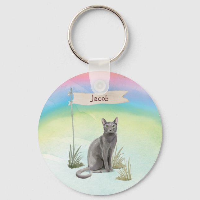 Chaveiro Nome Personalizado Pet de Gato Russo Azul (Frente)
