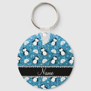 Chaveiro Nome personalizado sky blue glitter penguins igloo