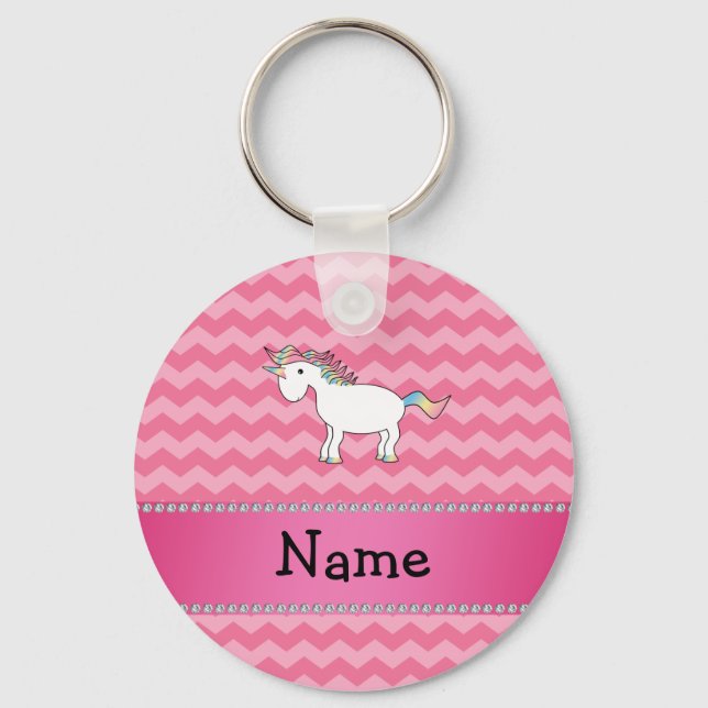 Chaveiro Nome personalizado unicórnio cor-de-rosa chevrons (Frente)
