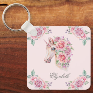 Chaveiro Nome Personalizado Unicórnio Floral Aquarela Rústi