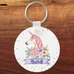 Chaveiro Nome Personalizado: Watercolor Flower Unicorn Girl