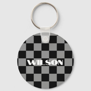 Chaveiro nome personalizado xadrez cinza e preto