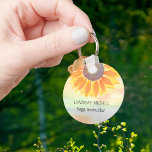 Chaveiro Nome personalizado Yoga Instrutor Sunflower<br><div class="desc">Esta Chaveiro de Instrutor de Yoga botânica moderna é decorada com um girassol amarelo sobre fundo de aquarela. Facilmente personalizável. Use a Ferramenta Design para alterar o tamanho, o estilo ou a cor do texto. À medida que criamos a nossa trabalho de arte, não encontraremos esta imagem exata de outros...</div>