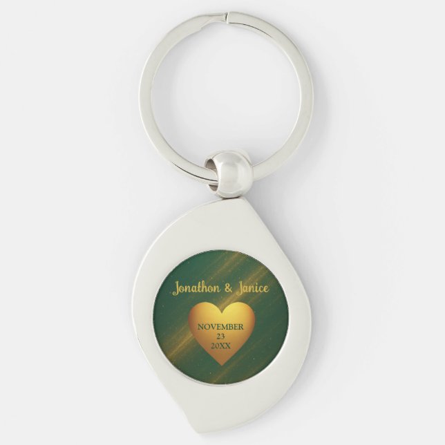 Chaveiro Nomes de Casais Verde e Dourado & Data de Casament (Frente)
