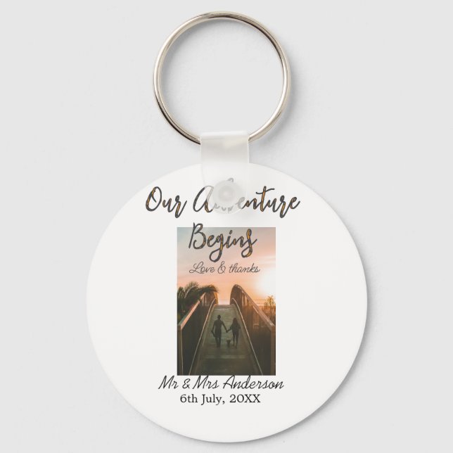 Chaveiro Nossa aventura começa casal foto amor e obrigados (Frente)