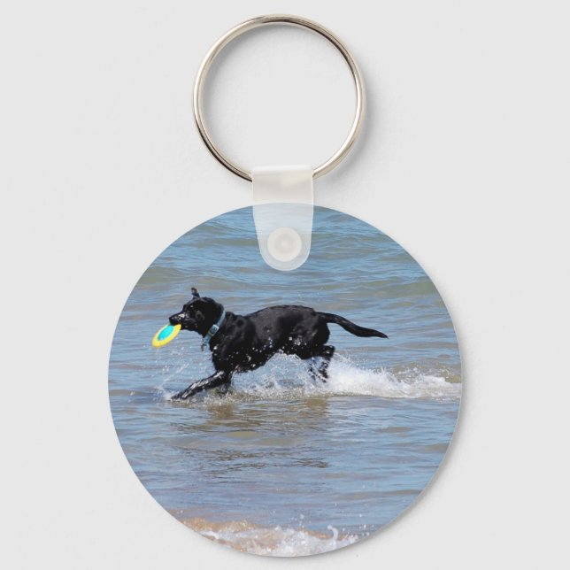 Chaveiro Nosso Labrador Negro Recuperando Frisbee do Lago (Frente)