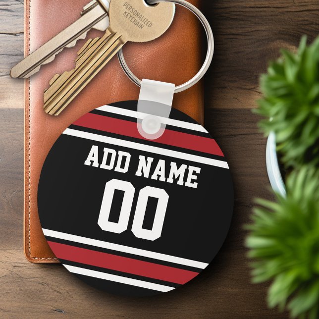 Chaveiro Número de Nome Personalizado de Black Red Football (Personalized Keychain - Sports Jersey Football Theme)