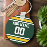 Chaveiro Número de Nome Personalizado de Futebol de Jersey<br><div class="desc">Cor Verde Escuro e Amarelo Ouro — Se você é dono da equipe de futebol Fantasia,  faça seus próprios produtos e mostre aos seus amigos! Ou...  você joga futebol Segundo grau e quer uma lembrança? Esta design de camisa é perfeita para qualquer um que joga esportes.</div>
