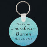 Chaveiro "O futuro Sr. & Sra" Teal & Blue Mandala<br><div class="desc">A fundação desta design é coberta por um elegante, sutil e fundo de aquarela azul. Acima disso, aparece uma mandala orgânica branca texturizada. Esta camada adiciona um "rico" ao design. As palavras "mr and mrs" foram feitas em um gráfico para que você possa usar uma das fontes populares e modernas...</div>