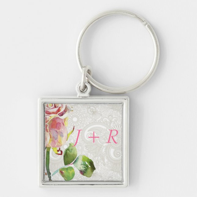 Chaveiro O teste padrão floral ornamentado com aguarela (Frente)