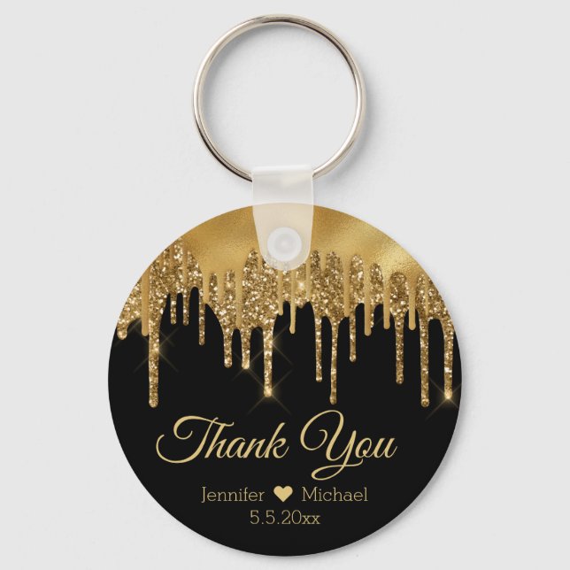 Chaveiro obrigado ouro preto gotejando brilhos casamento (Frente)