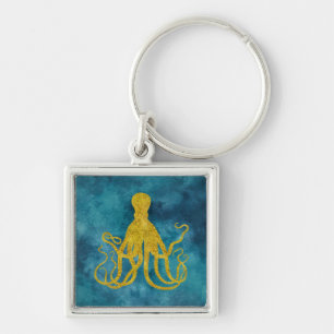 Chaveiro Octopus Dourado Leopard SkyImpressão Azul Aqua T