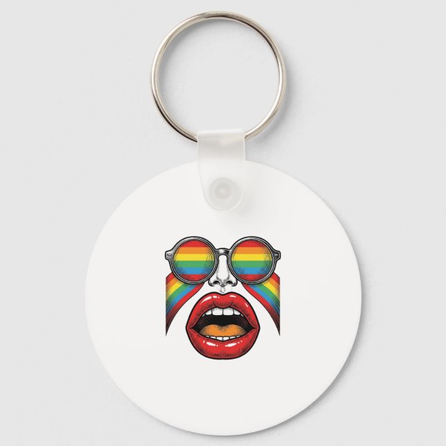 Chaveiro Óculos de Sol Arco-íris Retro Lábios Rosto Design  (Frente)