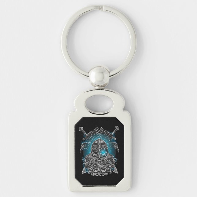 Chaveiro Odin Corvos e Espadas Olho Luminoso Azul deus nórd (Frente)
