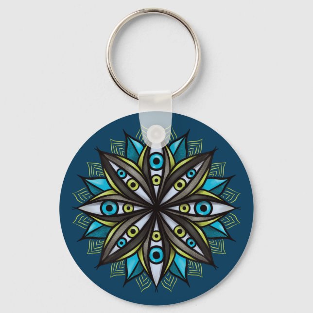 Chaveiro Olhos Estranhos, Mandala Art - Azul-Flor Trippy Ve (Frente)