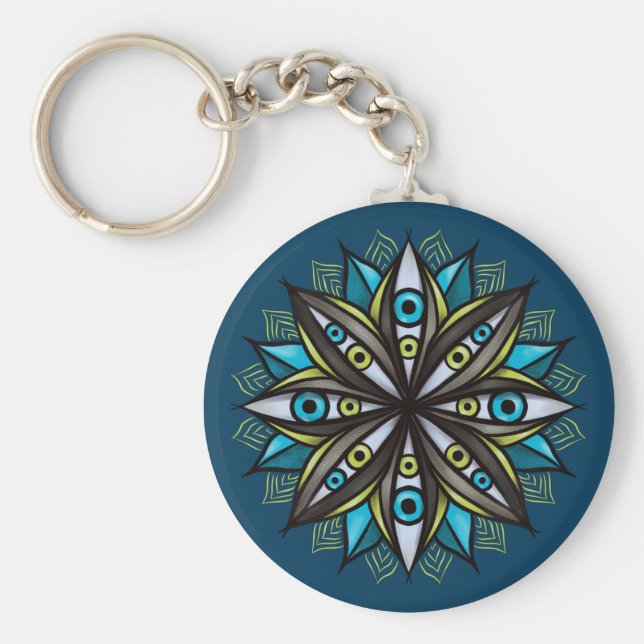 Chaveiro Olhos Estranhos, Mandala Art - Azul-Flor Trippy Ve (Frente)
