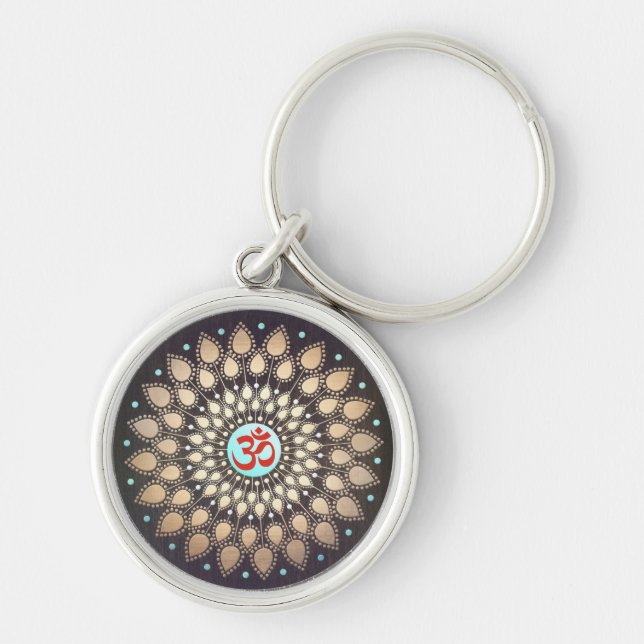 Chaveiro OM Símbolo Dourado Lotus Mandala Wood Look Turquoi (Frente)