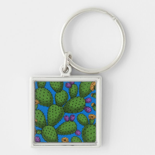 Chaveiro Opuntia florescente em azul (Frente)