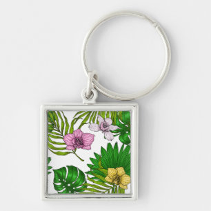 Chaveiro Orchids and palm leaves, pink, yellow, green and w