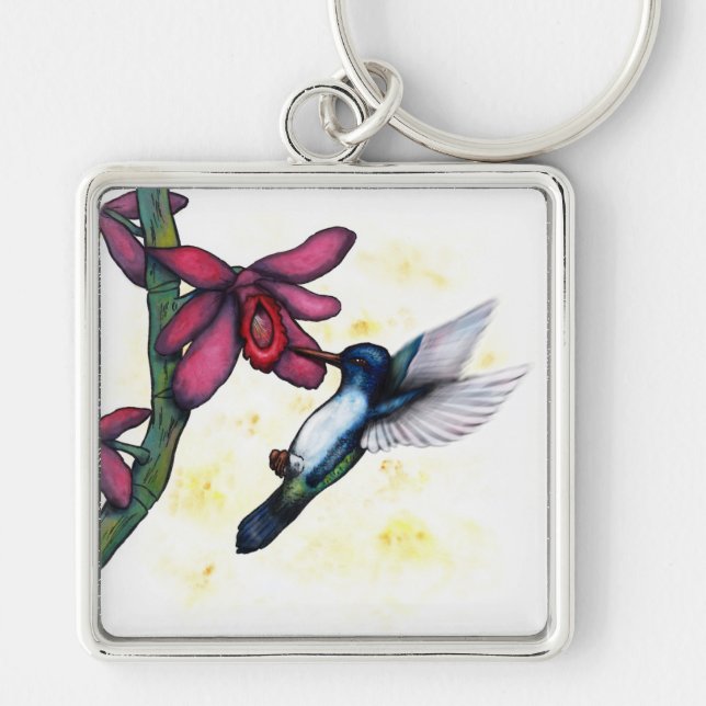 Chaveiro orquídea e beija-flor voadores fantasia aquarela (Frente)