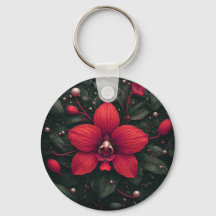 Orquídea Vermelha em Flor com Folhas Verdes