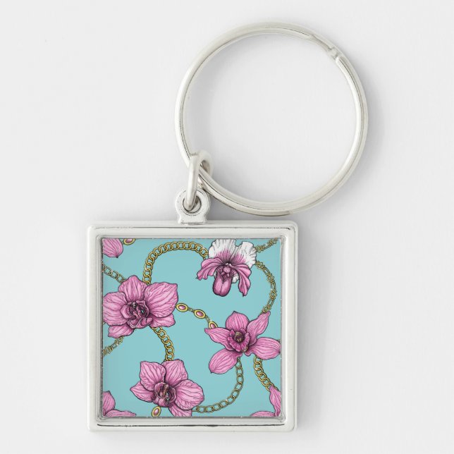 Chaveiro Orquídeas e correntes, rosa e azul (Frente)