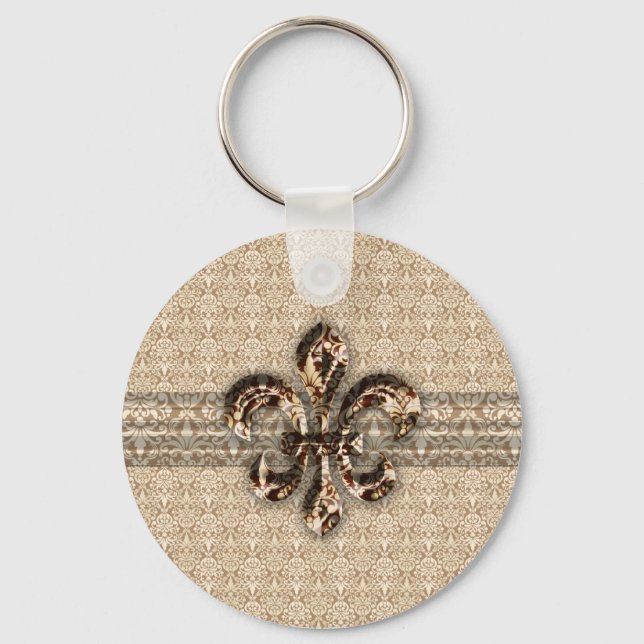 Chaveiro Ouro Fleur De Lis com Cor damasco Cream (Frente)