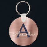 Chaveiro Ouro Rosa Rosa Azul Naval Aço Inoxidável Monograma<br><div class="desc">Ouro Rosa e Azul Naval Falso Aço Inoxidável Metalizado Elegante Porta-Chaves. Estes porta-chaves podem ser personalizados para incluir o seu inicial e primeiro nome. Estes porta-chaves são ótimos presentes de aniversário,  chá de noiva ou despedida de solteira.</div>