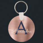 Chaveiro Ouro Rosa Rosa Azul Naval Aço Inoxidável Monograma<br><div class="desc">Ouro Rosa e Azul Naval Falso Aço Inoxidável Metalizado Elegante Porta-Chaves. Estes porta-chaves podem ser personalizados para incluir o seu inicial e primeiro nome. Estes porta-chaves são ótimos presentes de aniversário,  chá de noiva ou despedida de solteira.</div>