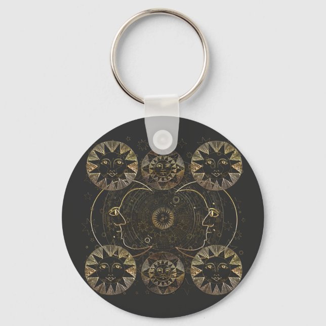 Chaveiro Ouro Sun Moon Stars Astronomia Celestial (Frente)