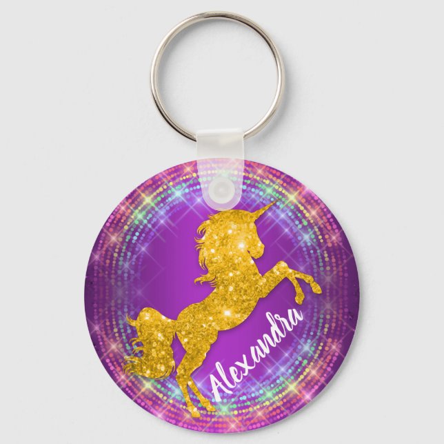Chaveiro Ouro Unicorn Rainbow Sparkles Purple (Frente)