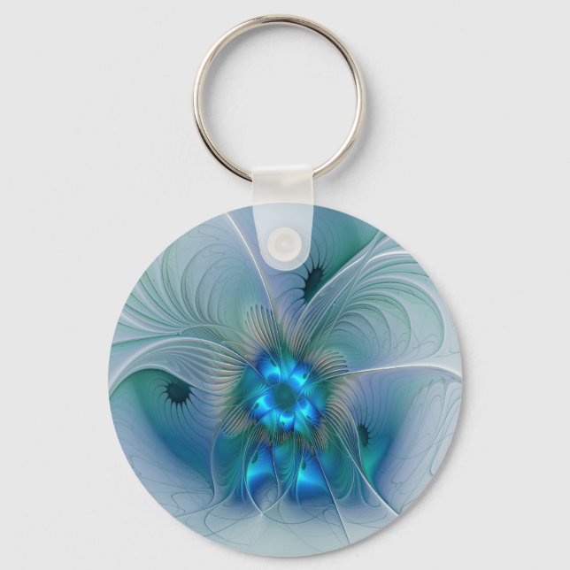 Chaveiro Ovações de Pé, Fractal Azul Turquesa Abstrato (Frente)