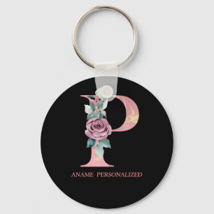 Chaveiro P Floral Monogram Name Letters Pink Agate Keychain